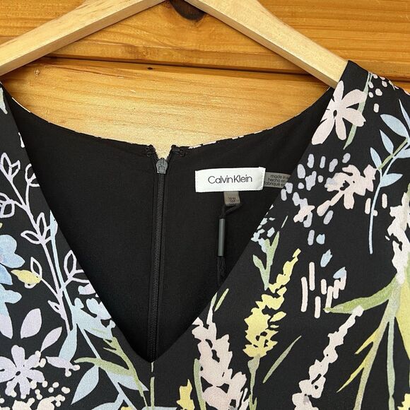 CALVIN KLEIN Black Colorful Floral Crepe V-Neck Belted Maxi Dress sz 16W $149.50 - Picture 2 of 6
